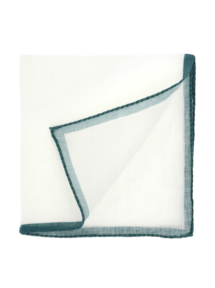 White linen pocket square with thyme green hem