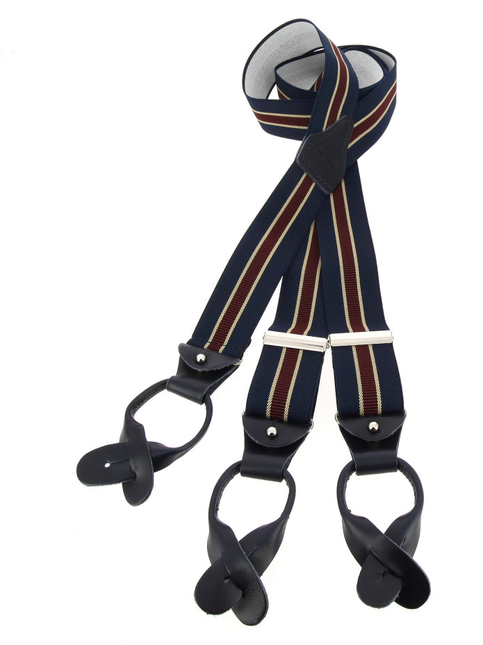 Navy blue and burgundy striped men's suspenders with buttons