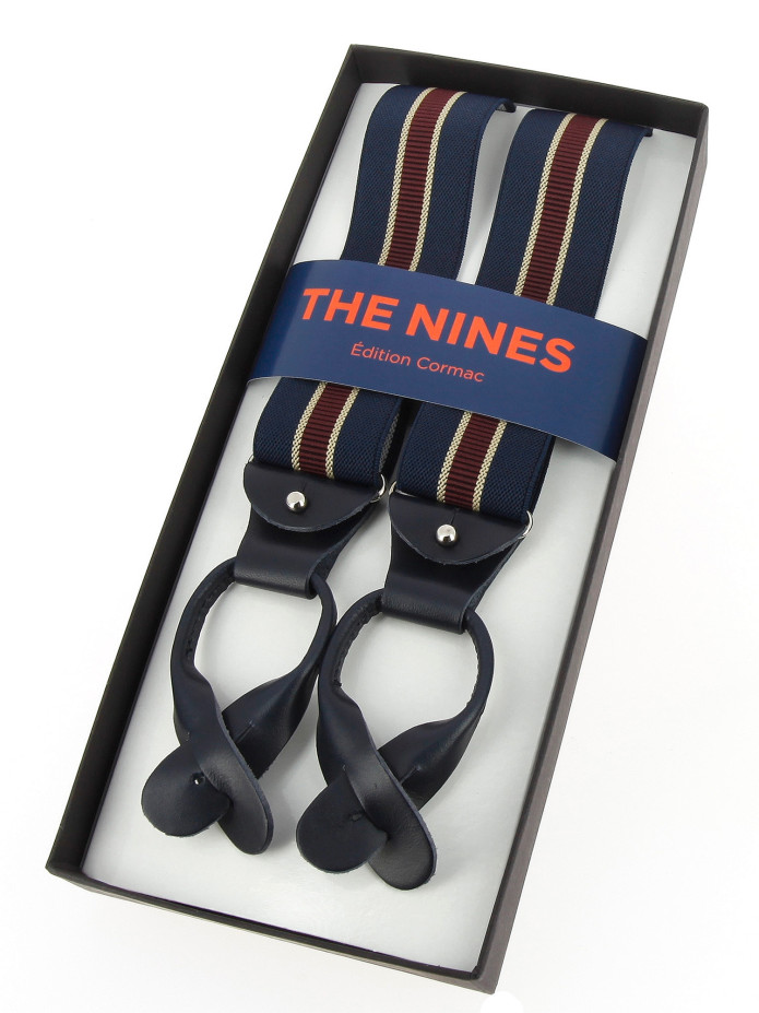 Navy blue and burgundy striped men's suspenders with buttons