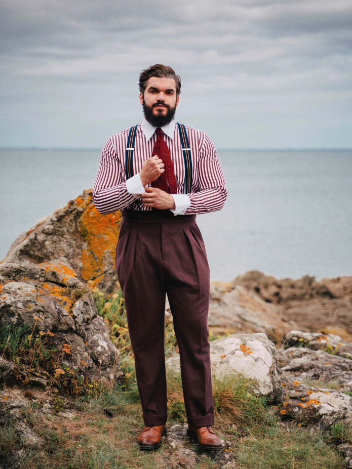 Navy blue and burgundy striped men's suspenders with buttons