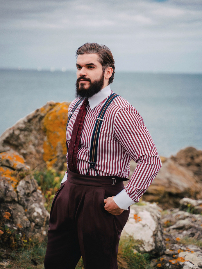 Navy blue and burgundy striped men's suspenders with buttons