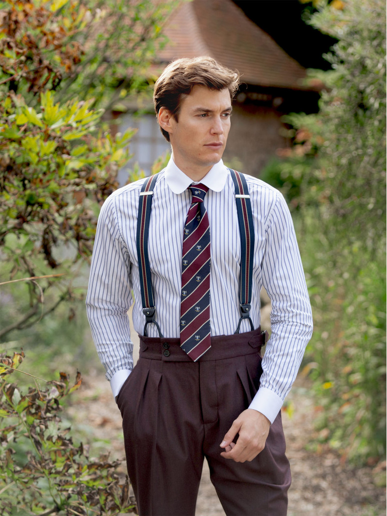 Navy blue and burgundy striped men's suspenders with buttons