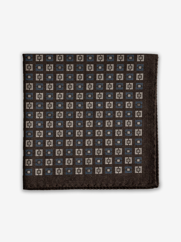 Suit pocket square in brown wool with square pattern
