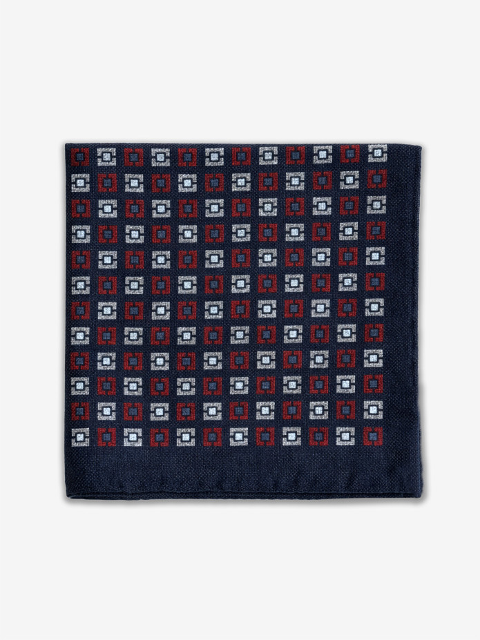 Suit pocket square in navy wool with square pattern
