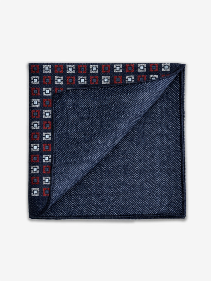 Suit pocket square in navy wool with square pattern
