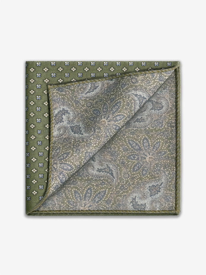 Green wool suit pocket square with small patterns