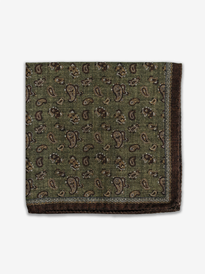 Green wool pocket square with paisley patterns
