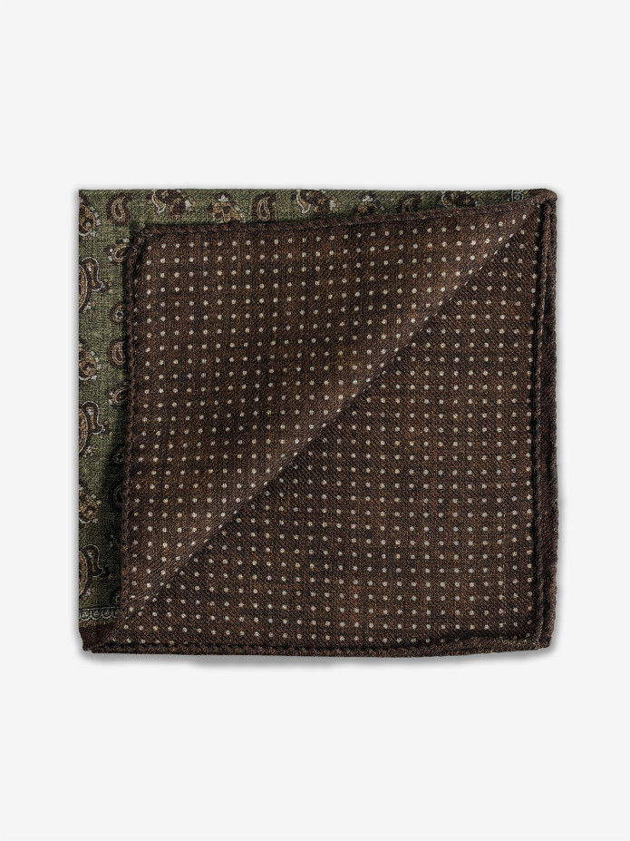 Green wool pocket square with paisley patterns