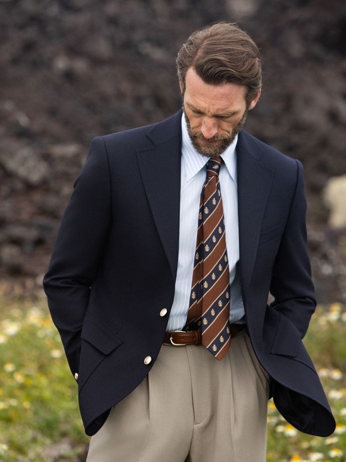 Navy Blue and Brown Silk Club Tie with Motifs
