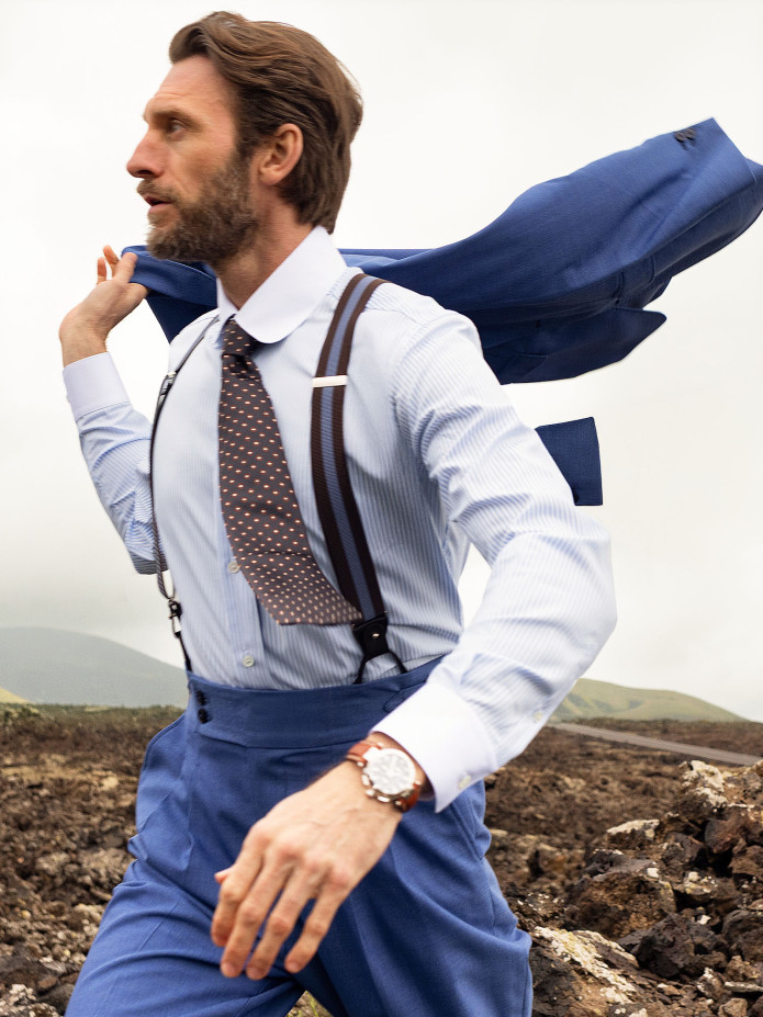 Men's Striped Brown and Blue Button Suspenders