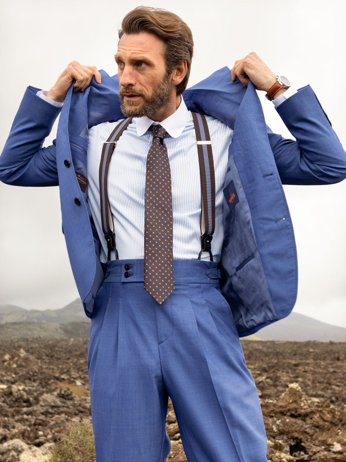 Men's Striped Brown and Blue Button Suspenders
