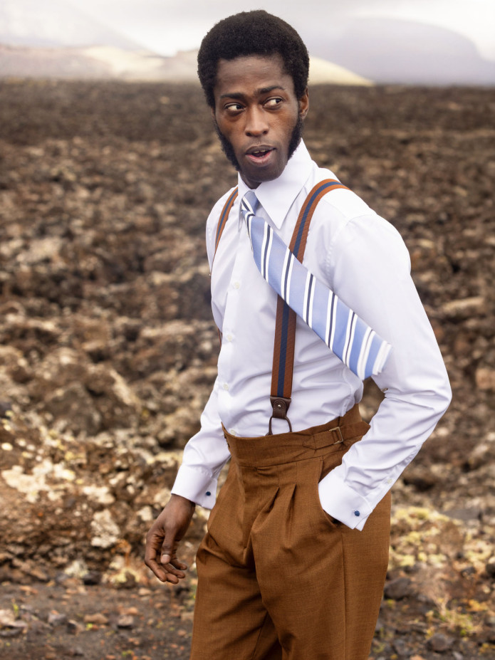 Men's striped cognac and navy blue button suspenders