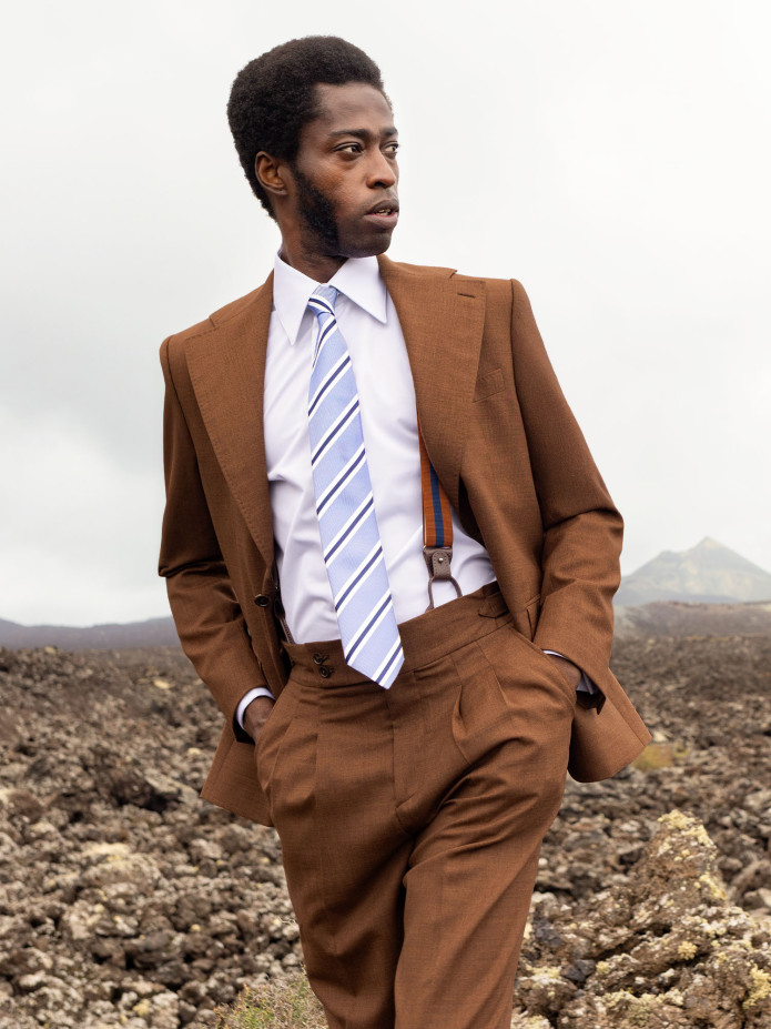 Men's striped cognac and navy blue button suspenders
