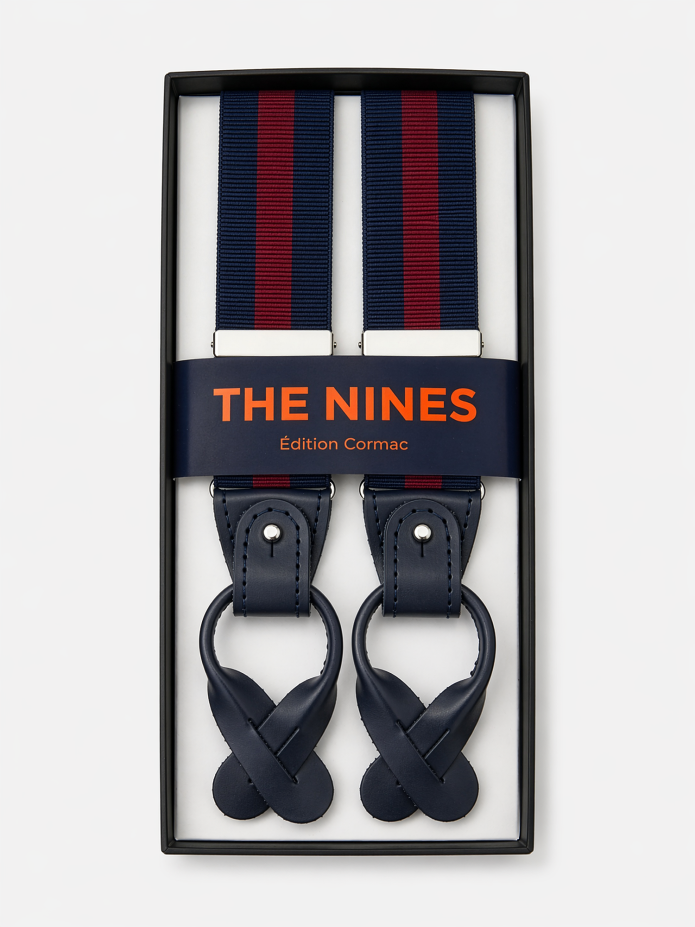Men's striped navy blue and burgundy button suspenders