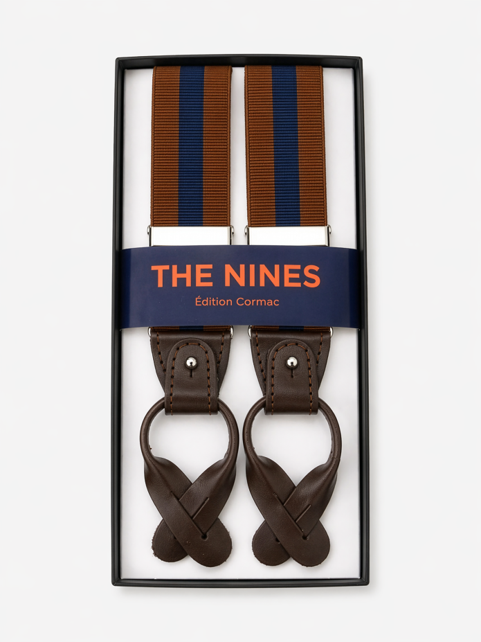 Men's striped cognac and navy blue button suspenders