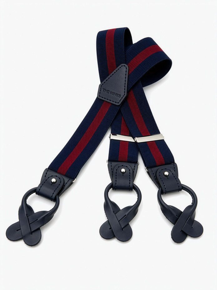 Men's striped navy blue and burgundy button suspenders