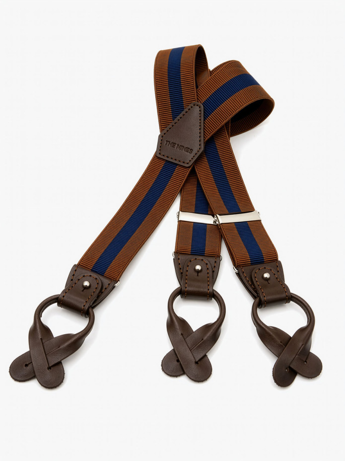 Men's striped cognac and navy blue button suspenders