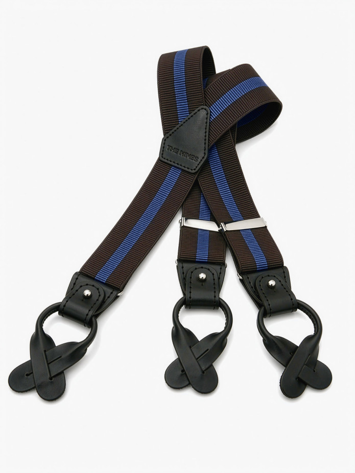 Men's Striped Brown and Blue Button Suspenders