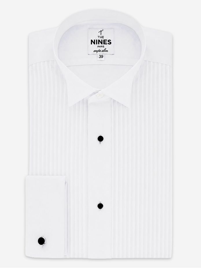 Tuxedo shirt with pleated front wing collar small French cuff