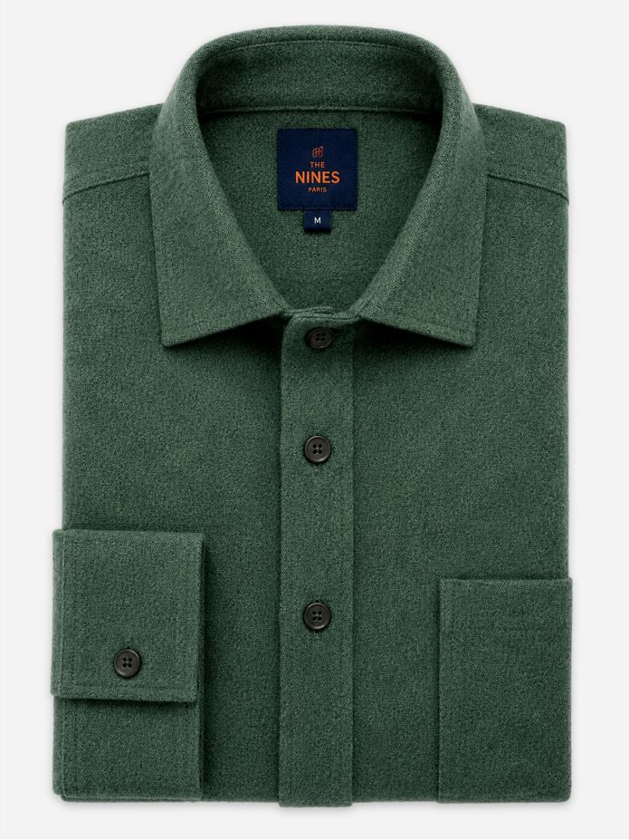 Thick green flannel shirt with shark collar