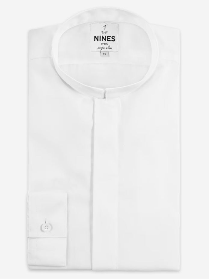 White wrinkle resistant reverse collar shirt