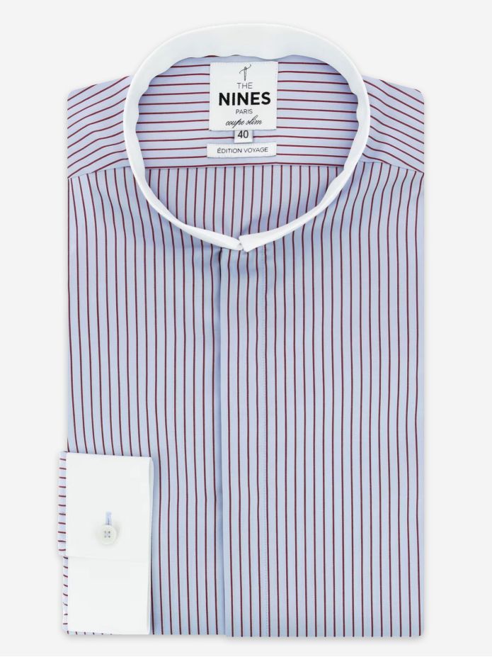 Wrinkle-free light blue shirt with cutaway collar and burgundy stripes