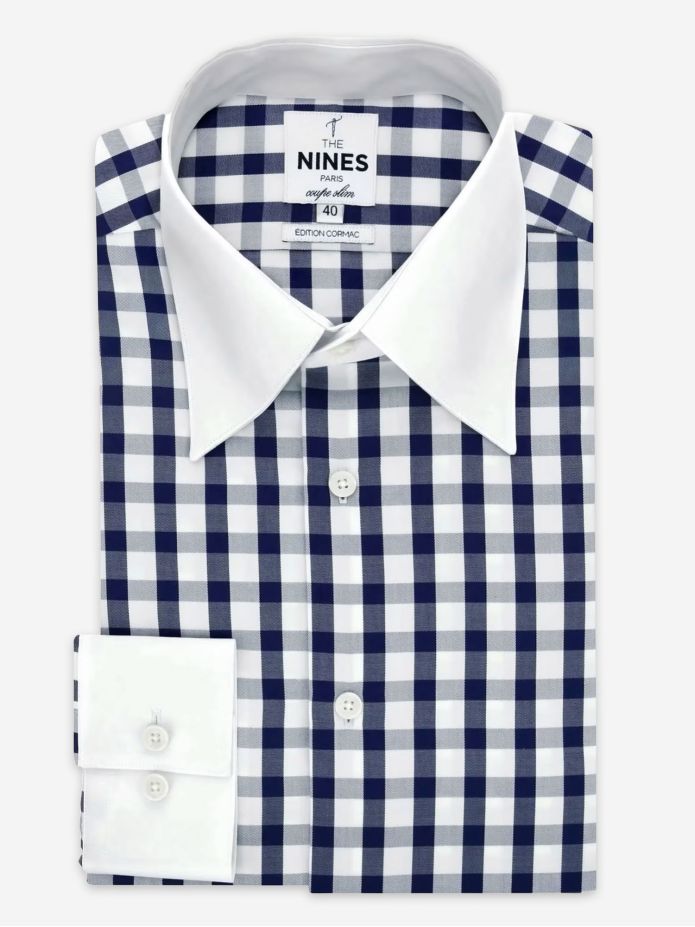 Navy gingham twill shirt with French collar