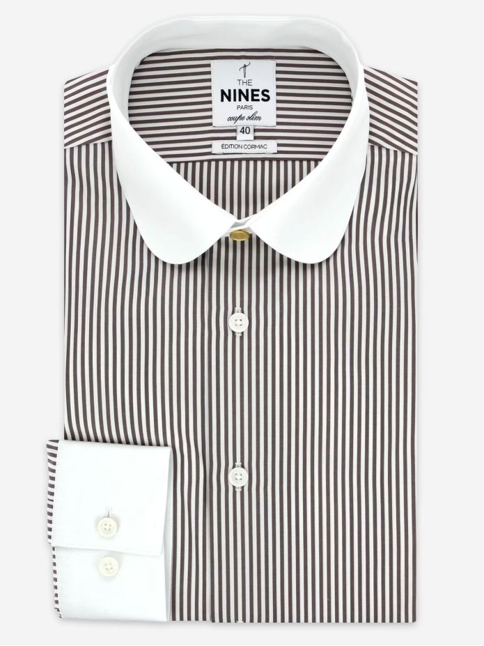 Round collar brown striped shirt