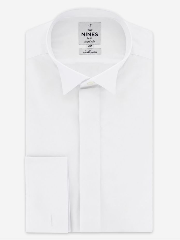 White wing collar with hidden placket collar French cuff shirt