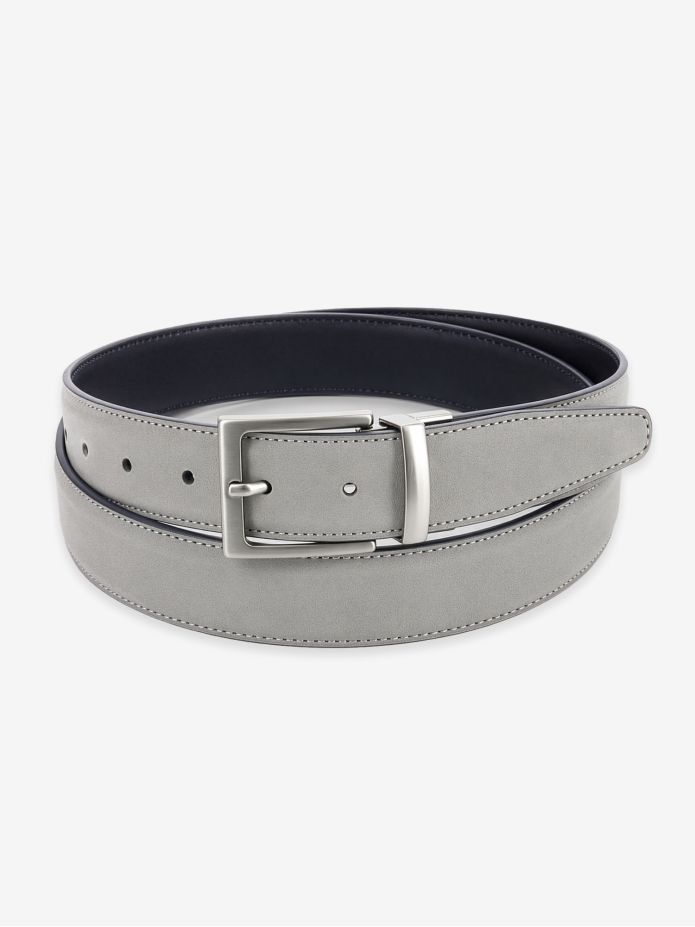 Reversible navy blue and grey belt in leather and nubuck - Clint