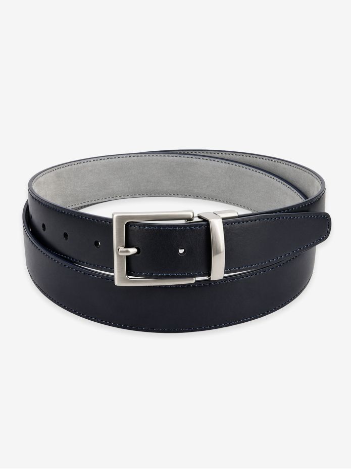 Reversible navy blue and grey belt in leather and nubuck - Clint