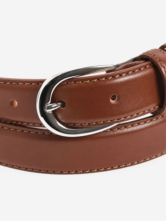 Thin brown belt with silver buckle in leather - Gab