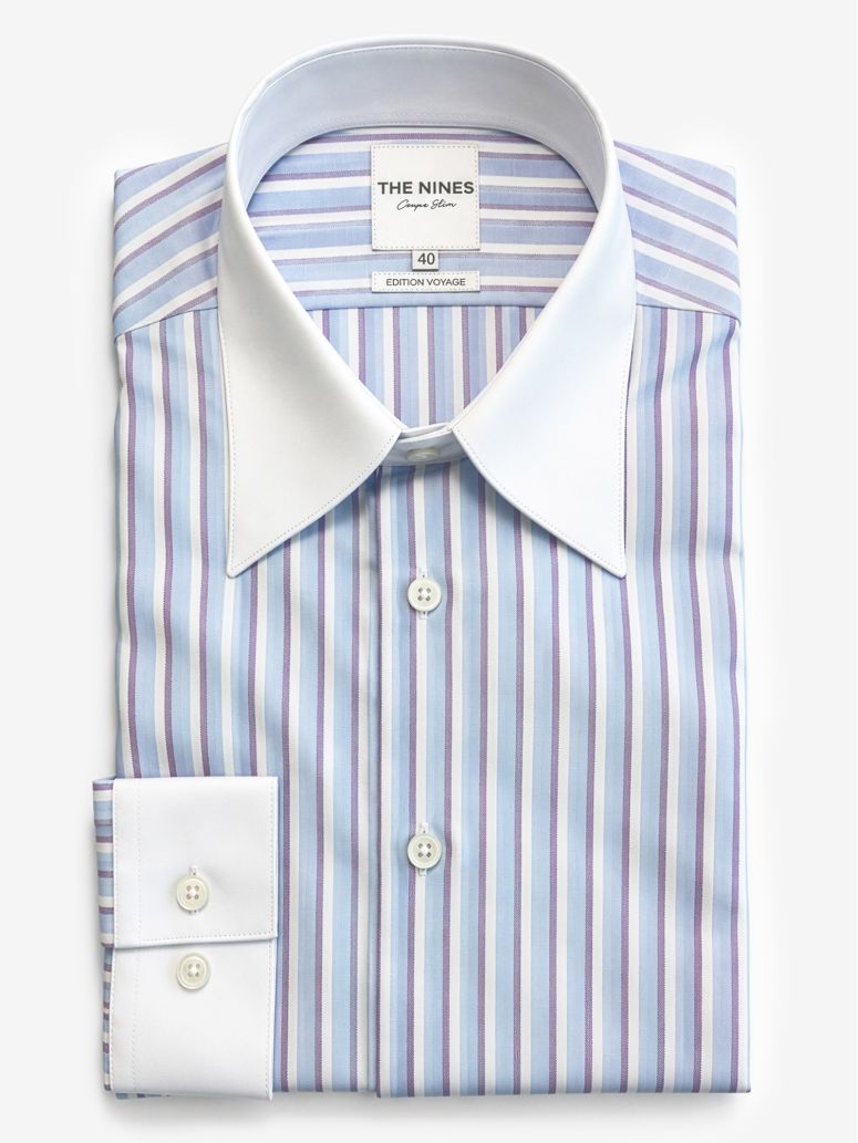 Wrinkle-free French collar shirt with sky blue and purple stripes