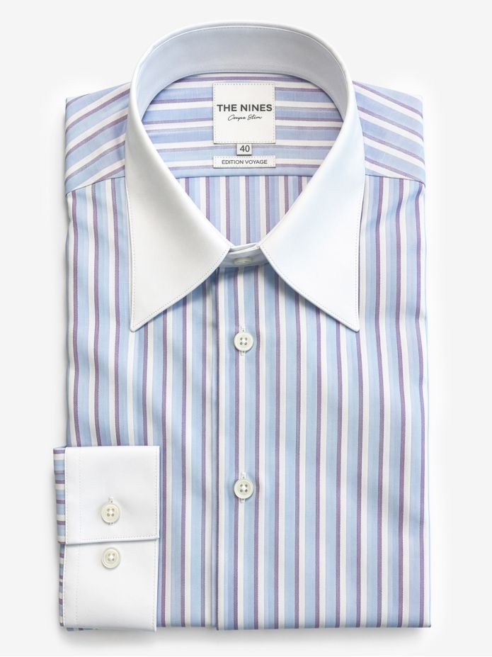 Wrinkle-free French collar shirt with sky blue and purple stripes