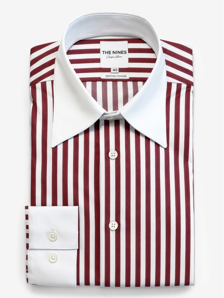 Wrinkle-free French collar shirt with burgundy stripes