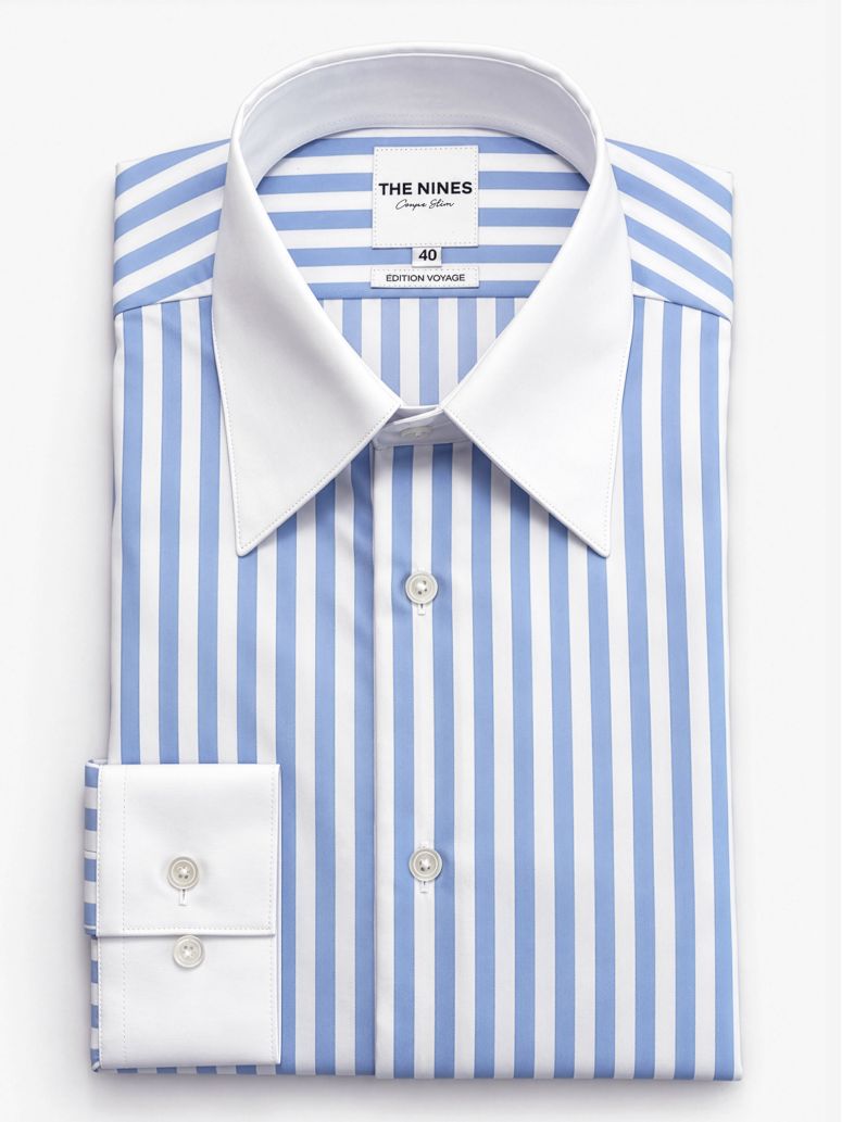 Wrinkle-free French collar shirt with sky blue stripes