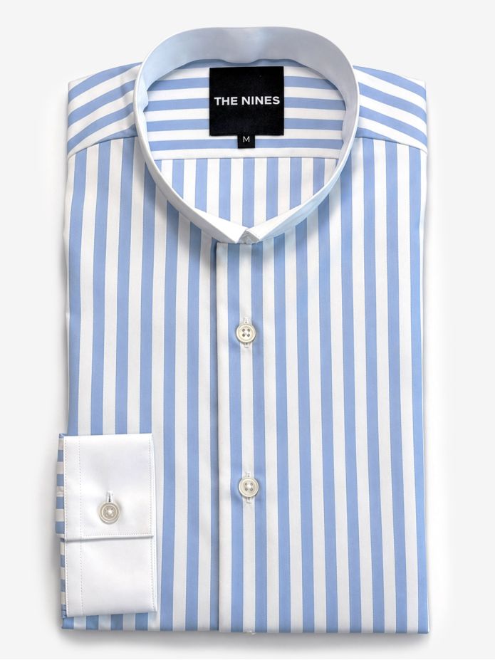 Wrinkle-free cutaway collar shirt with sky blue stripes