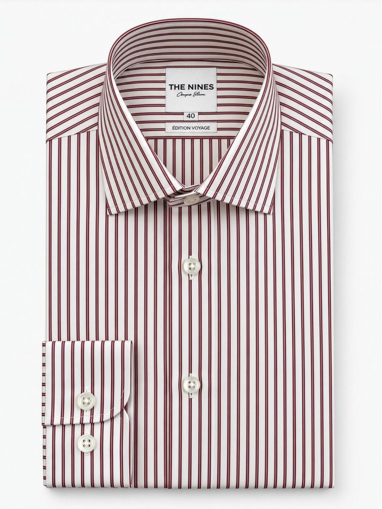 Wrinkle-free Italian collar shirt with burgundy stripes