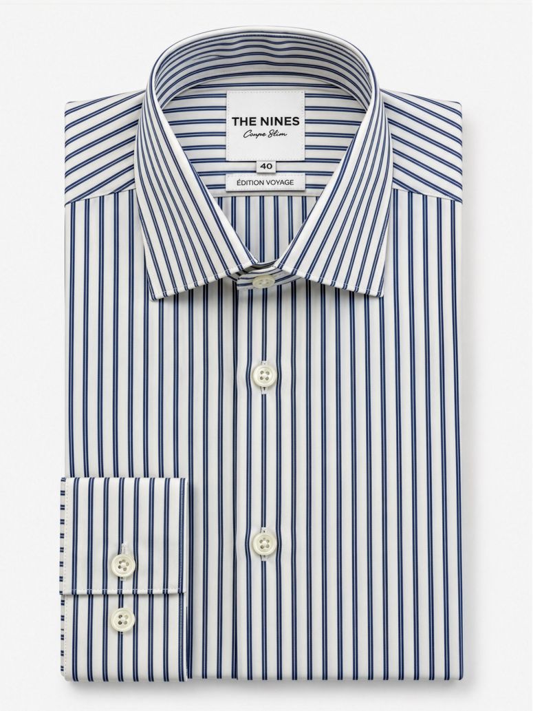 Wrinkle-free Italian collar shirt with navy blue stripes