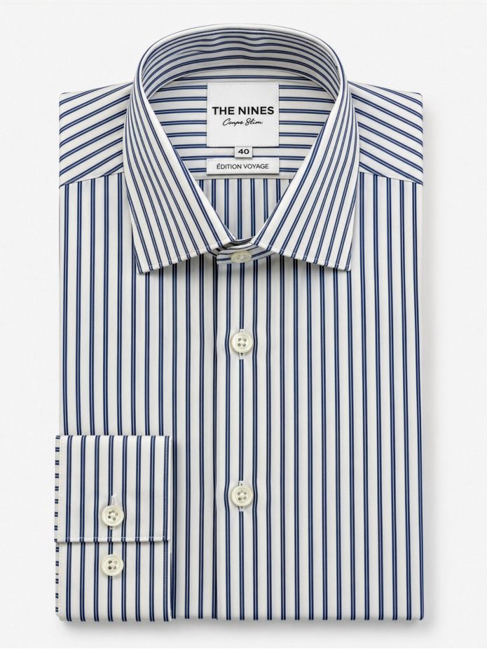 Wrinkle-free Italian collar shirt with navy blue stripes