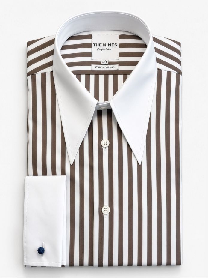 Brown striped pointed collar shirt