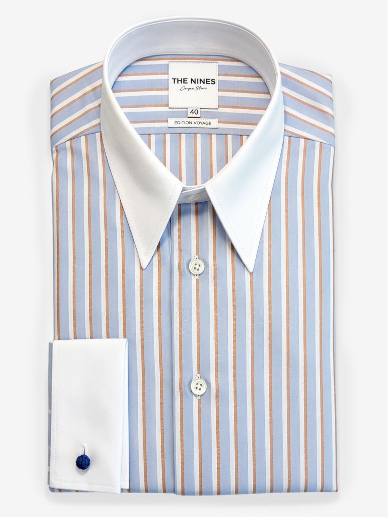 Point collar shirt with sky blue and brown stripes