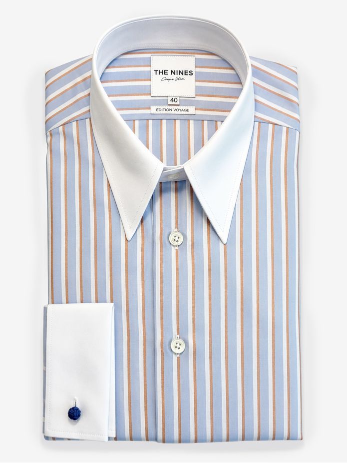 Point collar shirt with sky blue and brown stripes