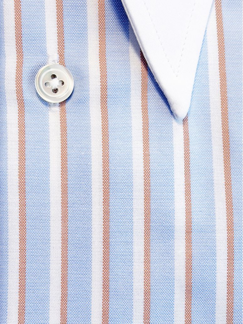 Point collar shirt with sky blue and brown stripes