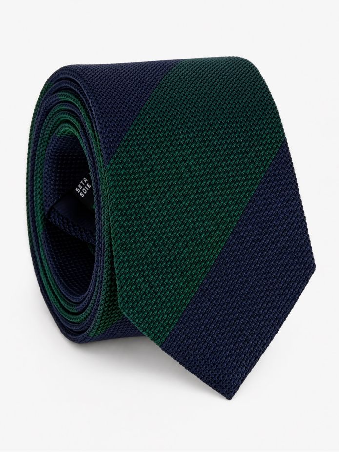 Navy blue grenadine silk tie with green stripes