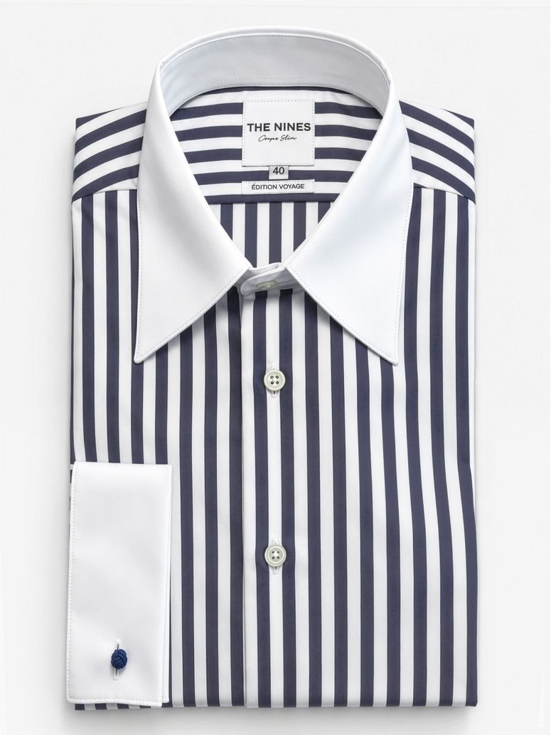 French collar shirt with navy blue stripes and French cuffs