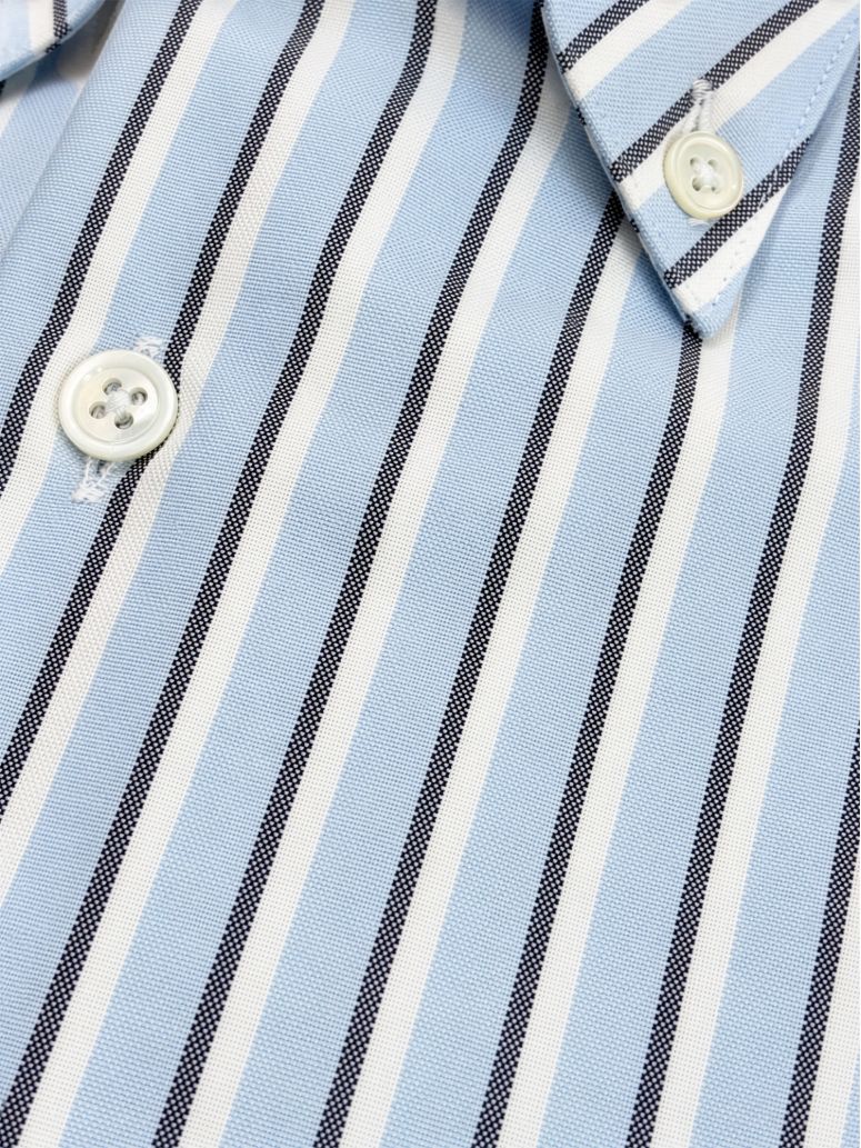 Button-down collar shirt with sky blue and navy blue stripes