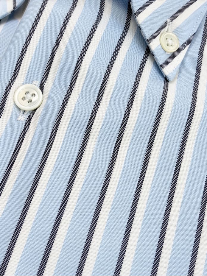 Button-down collar shirt with sky blue and navy blue stripes