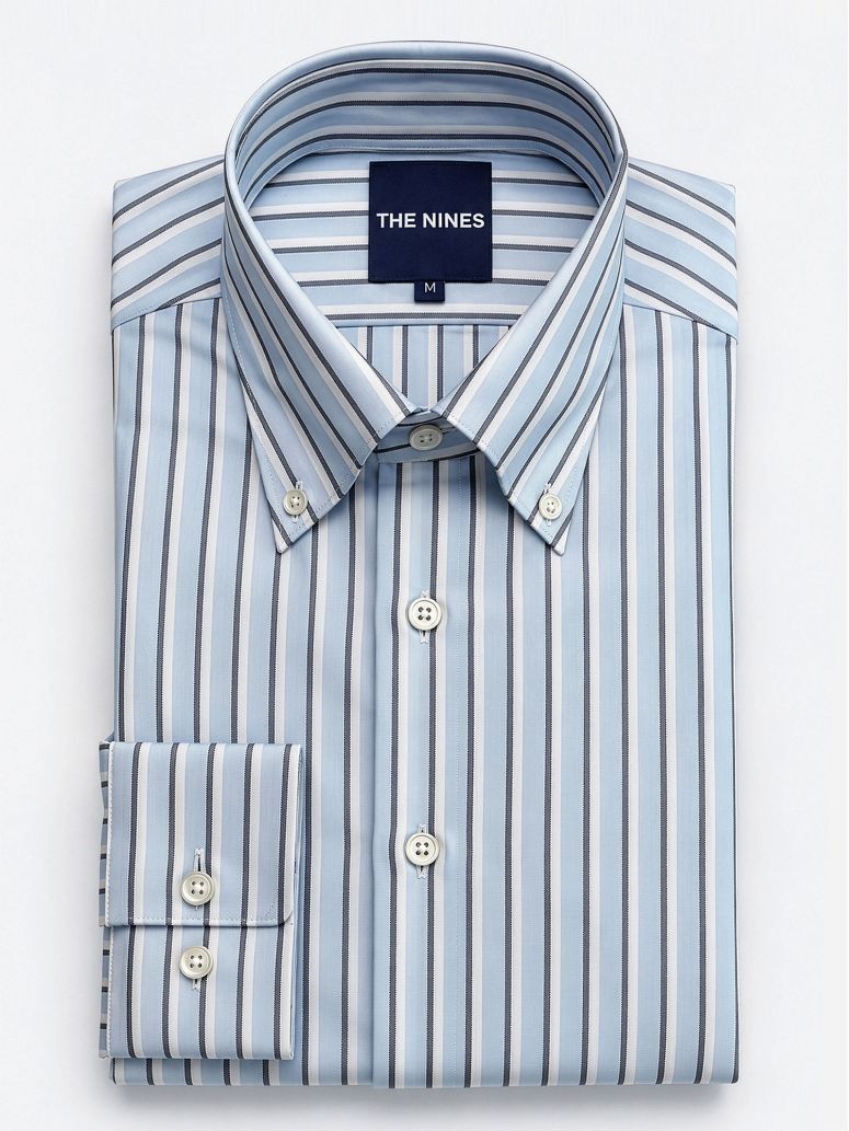 Button-down collar shirt with sky blue and navy blue stripes
