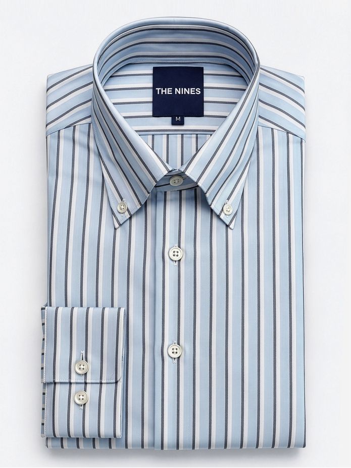 Button-down collar shirt with sky blue and navy blue stripes